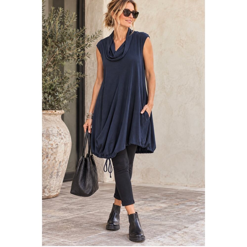 Bryn Walker Oden Tunic XS Navy Cowl Neck Bubble Hem Lagenlook Made in USA